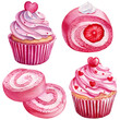 Pink cupcake painted in watercolor isolated on white background. Love sweet set. Valentine cupcake and dessert
