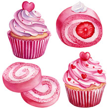Pink Cupcake Painted In Watercolor Isolated On White Background. Love Sweet Set. Valentine Cupcake And Dessert