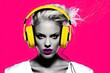 canvas print picture - Сheerful energy stylish young woman in massive headphones listen music on pink background with lightning. Girl listening podcast, playlist, modern track. 80s 90s club party concept with copy space