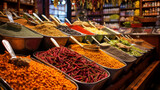 Fototapeta  - bazaar in istanbul with a wide view of spices on the counter. ai generative
