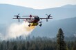 Air support in action to fight forest fires: Airplane distributes fire retardant over forest area