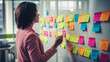 female manager next to the office board on which sticky notes are pasted. ai generative