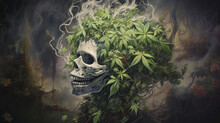 Cannabis Is Toxic To The Brain. Human Skull And Cannabis Leaves. Ai Generative