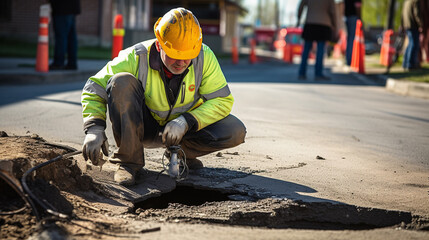 Asphalt contractors working on road. Engineers are working on road construction, Inspection construction. ai generative