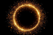 Gold Glitter Circle Of Light Shine Sparkles And Golden Spark Particles In Circle Frame On Black Background. Christmas Magic Stars Glow, Firework Confetti Of Glittery Ring Shimmer