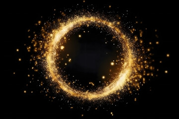 Wall Mural - Gold glitter circle of light shine sparkles and golden spark particles in circle frame on black background. Christmas magic stars glow, firework confetti of glittery ring shimmer