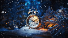New Year And Chrismas Time. Snowy Countdown Clock - Happ New Year, Winter Concept Panorama.