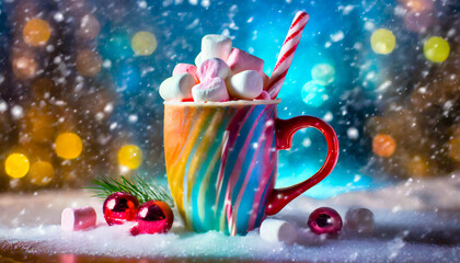  hot cocoa with marshmallows and a candy cane stirrer