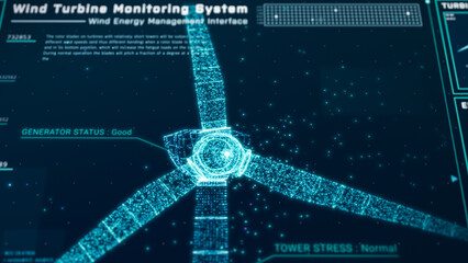 Wall Mural - Futuristic wind turbine energy control center interface design, digital data network battery management system, green renewable power technology software, engineering iot HUD information 3d rendering
