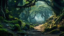 An Ancient And Mystical Forest, The Trees Gnarled And The Air Filled With The Whispers Of The Wind.