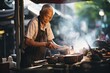 an old Asian man cooking at street food stall  with local backstreet atmosphere , Generative Ai