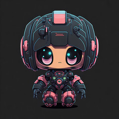 Cute vector kawaii anime emo robot sad on black background