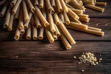 Wall Mural - Raw pasta on wooden background. Top view