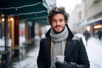 Wall Mural - a happy modern man with a mug glass of hot drink in the winter season on the background of the snow city