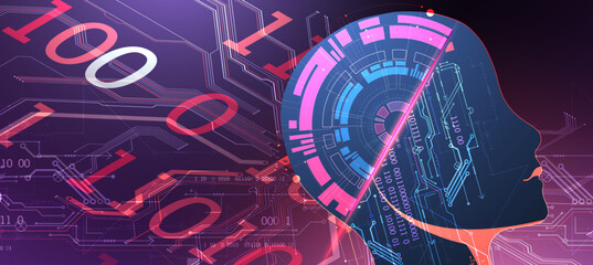 Aufkleber - Artificial Intelligence. Technical background with a silhouette of a robot head. Big data concept. Machine cyber mind. Hand drawn vector.