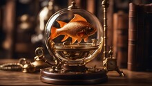      A Steampunk Scene Of A Metal Gold Fish Swimming In A Glass Bowl, With A Clock,  