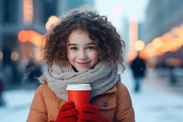 Wall Mural - a happy modern child girl with a mug glass of hot drink in the winter season on the background of the snow city