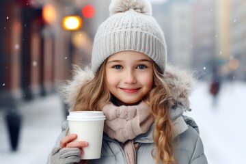 Wall Mural - a happy modern child girl with a mug glass of hot drink in the winter season on the background of the snow city