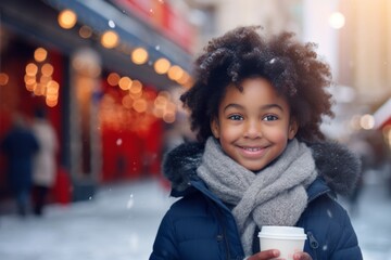 Wall Mural - a happy modern african american child girl with a mug glass of hot drink in the winter season on the background of the snow city