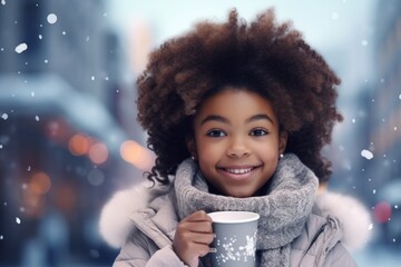 Wall Mural - a happy modern african american child girl with a mug glass of hot drink in the winter season on the background of the snow city