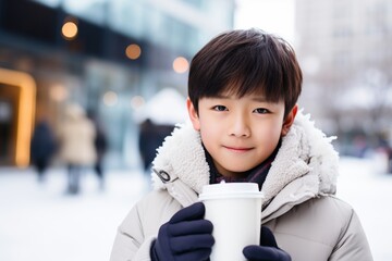 Wall Mural - a happy modern asian child boy with a mug glass of hot drink in the winter season on the background of the snow city