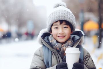 Wall Mural - a happy modern asian child boy with a mug glass of hot drink in the winter season on the background of the snow city