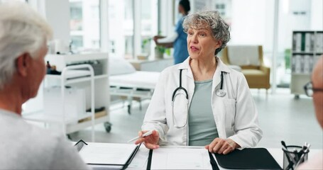 Wall Mural - Senior woman, doctor and talking to couple in clinic for hospital assessment, test results and healthcare support. Female therapist consulting patients for medical history, surgery analysis or advice