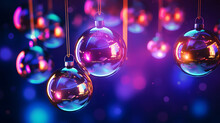 3D Rendering Of Glass Christmas Baubles Against A Purple Background. Christmas Ornaments On A Christmas Tree With Bokeh Neon Pink And Blue Lights.