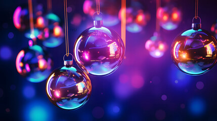 Wall Mural - 3D rendering of glass christmas baubles against a purple background. Christmas ornaments on a Christmas tree with bokeh neon pink and blue lights.