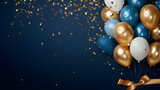 Fototapeta  - Celebration background concept with blue, golden, white balloons and confetti. Christmas background with copy space.