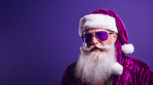 Portrait Of Santa Claus In Sunglasses On A Purple Background. Christmas. Studio Shot, Winter Feeling, Vibrant Color, Attention Grabbing.