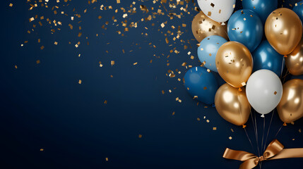 Wall Mural - Celebration background concept with blue, golden, white balloons and confetti. Christmas background with copy space.