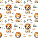 Fototapeta Dziecięca - Watercolor seamless pattern with lions isolated on white background.