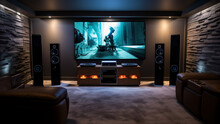 photograph of a home theatre system in a modern, finished, concrete basement, two tall bowers and wilkins speakers on either side of a 88 inch OLED TV, modern sleek entertainment center 