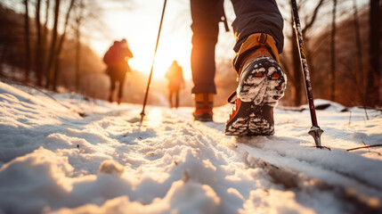 People Doing Nordic Walk Sport In Forest During Winter Season, Path With Snow And Blurred Effect. Active People Working Out Outdoor. Generative AI