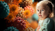 Flu and cold season in children. A little girl next to microbes, viruses and bacteria.