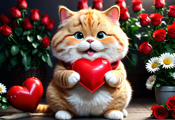 Wall Mural - Cute and adorable little fluffy cat hold red heart. Generative AI