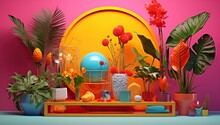 A Vivid Still Life With Tropical Plants, Colorful Pots, And Decorative Items Against A Round Orange Disc And Pink Wall.