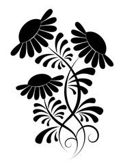 Wall Mural - Decorative composition with a silhouette of daisies, curls, drops on a white background. Black pattern, ornament of flowers. 