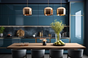 Professional Photo of a Blue Themed Kitchen. Shot of a Kitchen with a White and Grey Parquet, Golden Lights and some Decorative Plants on the Cooking Isle.