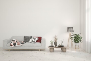 White living room with sofa. Scandinavian interior design. 3D illustration