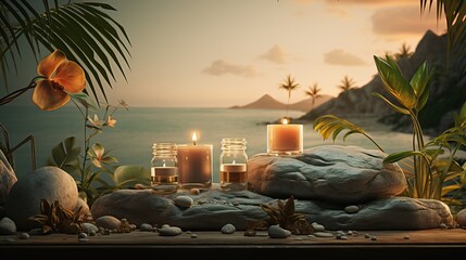 Wall Mural - Professional Macro of Lit up Rock Shaoped Candle Placed on a Table With Landscape of the Sky while Sunrise next to some Plants. Tropical Decorations, Hot Summer.