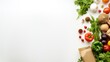 Fresh vegetables and fruits on white background with copy space, AI