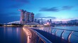 Sunset of city skyline at business district, marina bay sands hotel at night, singapore