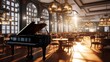 A classical music-themed cafeteria with grand pianos as tables and violins hanging from the ceiling.