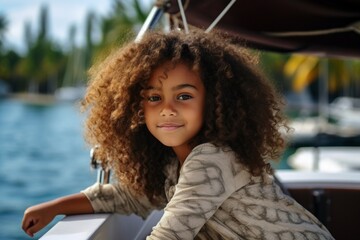 Wall Mural - happy modern african american child girl against the background of a yacht and tropical palm trees