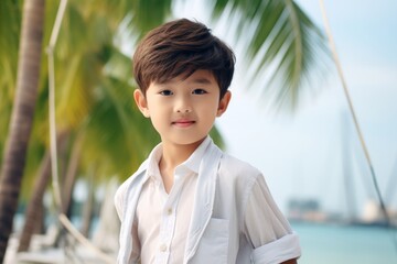 Wall Mural - happy modern asian child boy against the background of a yacht and tropical palm trees