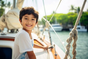 Wall Mural - happy modern asian child boy against the background of a yacht and tropical palm trees