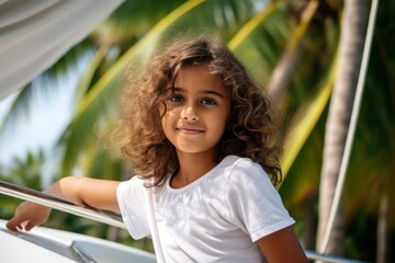 Wall Mural - happy modern indian child girl against the background of a yacht and tropical palm trees