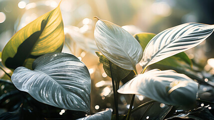 Elegant silhouettes of frozen tropical leaves against the winter sun, shadows of timeless grace,